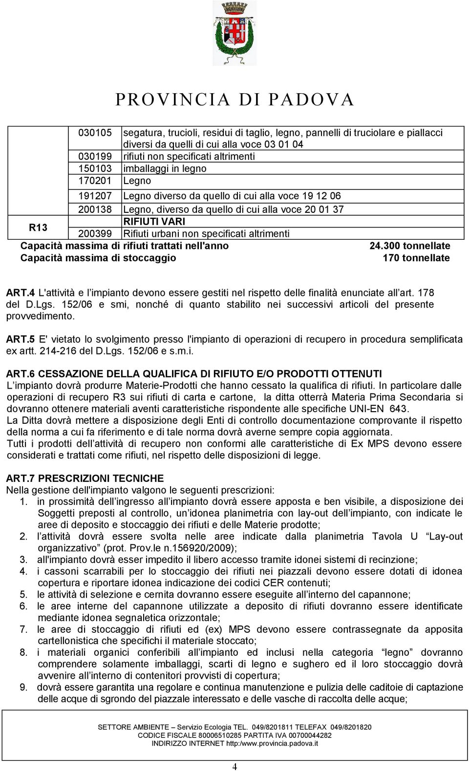 Capacità massima di rifiuti trattati nell'anno Capacità massima di stoccaggio 24.300 tonnellate 170 tonnellate ART.