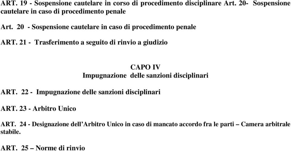 21 - Trasferimento a seguito di rinvio a giudizio CAPO IV Impugnazione delle sanzioni disciplinari ART.