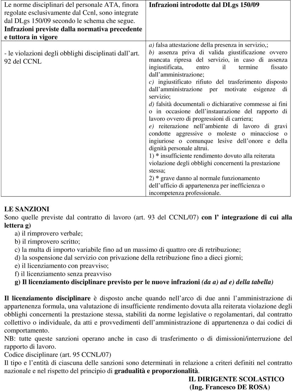 92 del CCNL Infrazioni introdotte dal DLgs 150/09 a) falsa attestazione della presenza in servizio,; b) assenza priva di valida giustificazione ovvero mancata ripresa del servizio, in caso di assenza