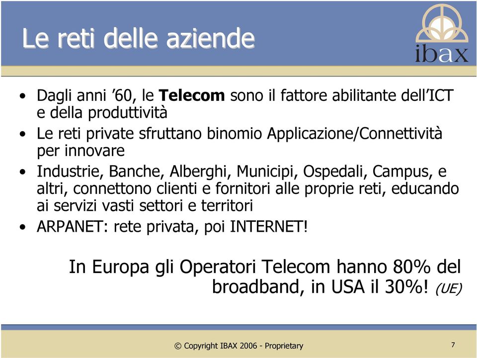 connettono clienti e fornitori alle proprie reti, educando ai servizi vasti settori e territori ARPANET: rete privata, poi