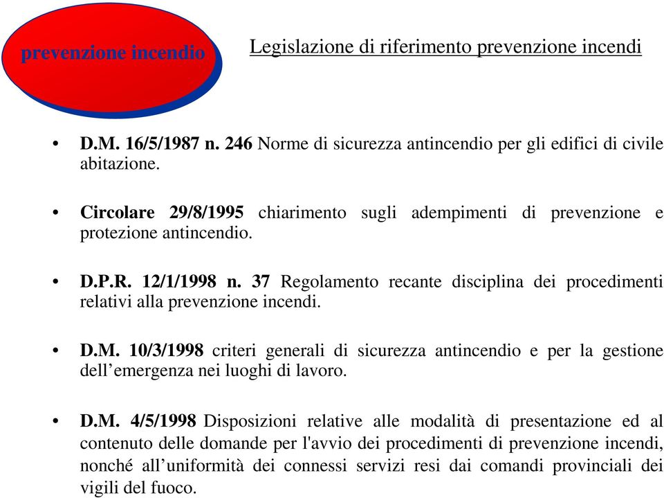 37 Regolamento recante disciplina dei procedimenti relativi alla prevenzione incendi. D.M.