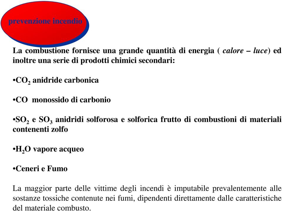 combustioni di materiali contenenti zolfo H 2 O vapore acqueo Ceneri e Fumo La maggior parte delle vittime degli incendi è