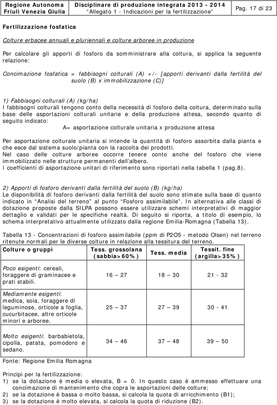 colturali tengono conto della necessità di fosforo della coltura, determinato sulla base delle asportazioni colturali unitarie e della produzione attesa, secondo quanto di seguito indicato: A=