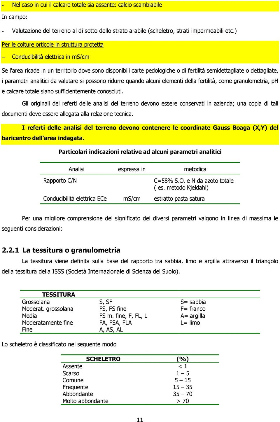 dettagliate, i parametri analitici da valutare si possono ridurre quando alcuni elementi della fertilità, come granulometria, ph e calcare totale siano sufficientemente conosciuti.