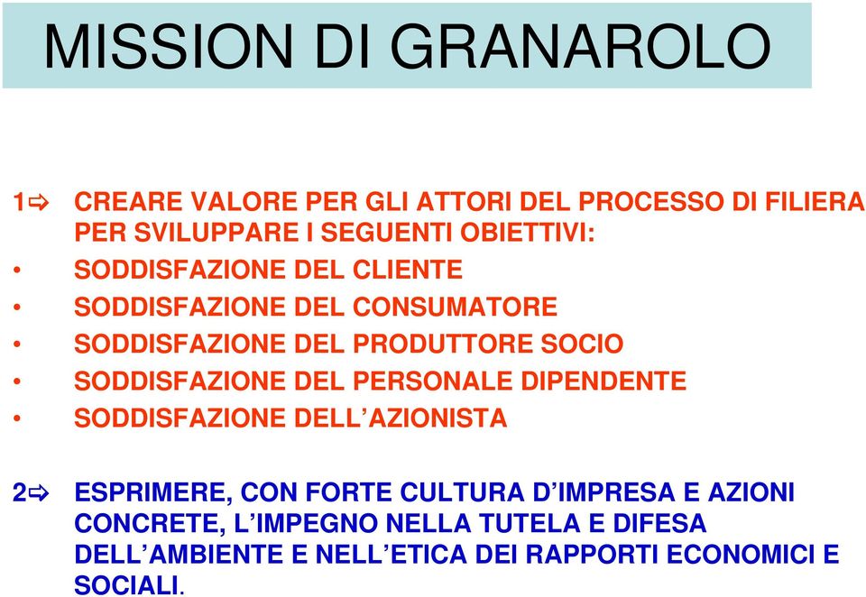 SODDISFAZIONE DEL PERSONALE DIPENDENTE SODDISFAZIONE DELL AZIONISTA 2 ESPRIMERE, CON FORTE CULTURA D