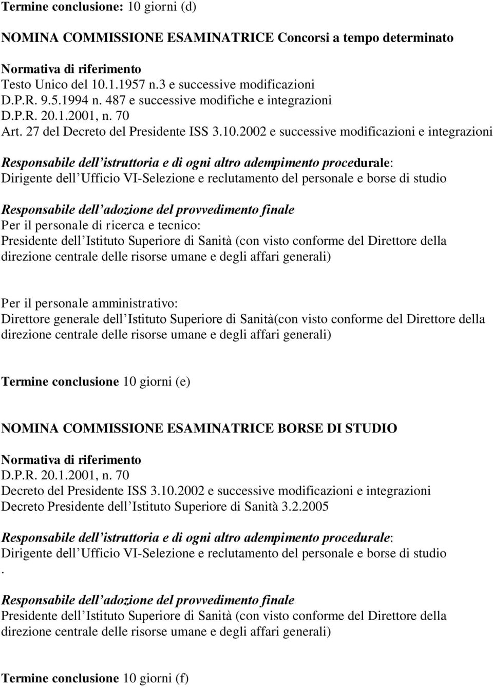 Per il personale amministrativo: Termine conclusione 10 giorni (e) NOMINA COMMISSIONE ESAMINATRICE BORSE DI STUDIO Decreto