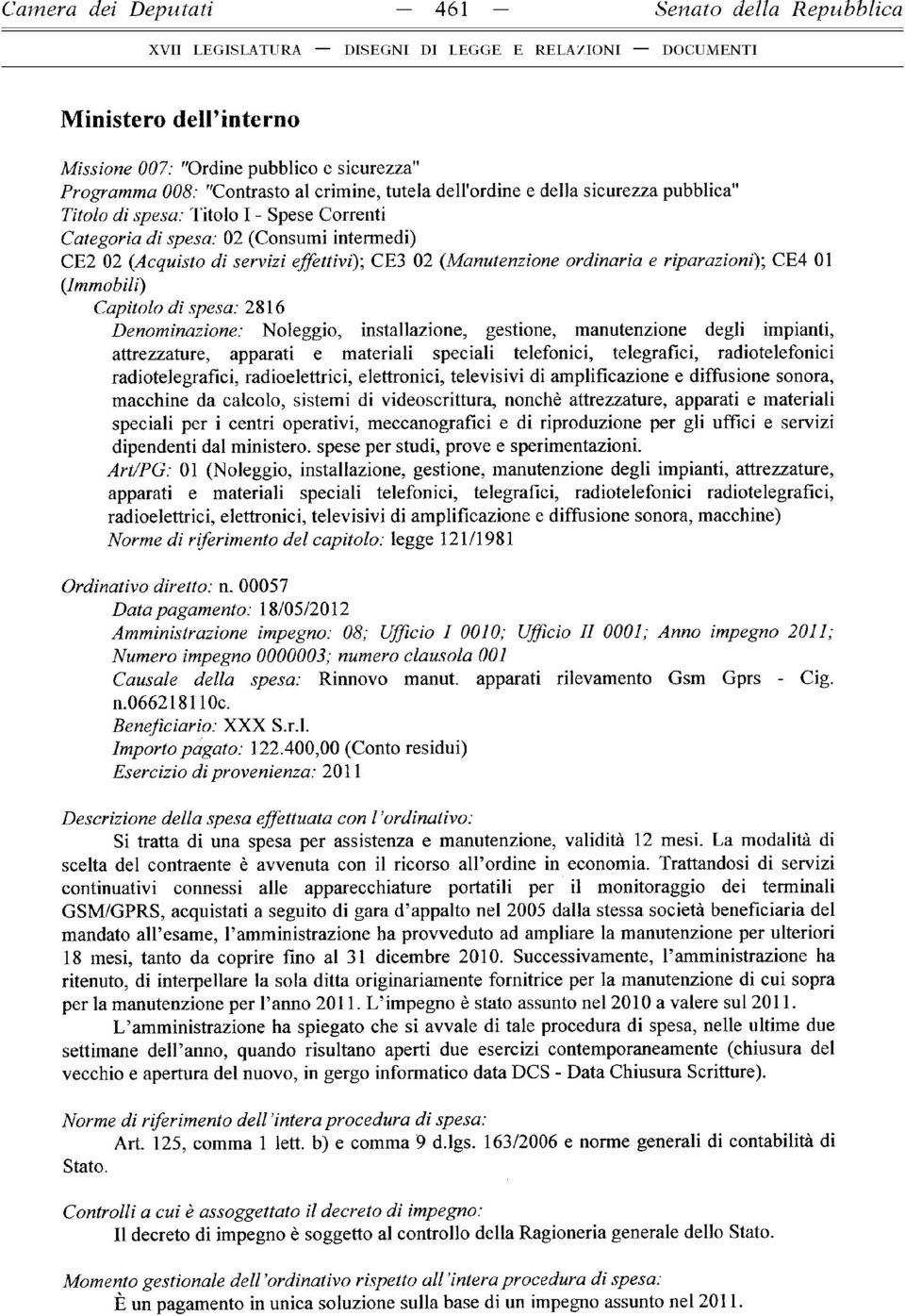 (Immobili) Capitolo di spesa: 2816 Denominazione: Noleggio, installazione, gestione, manutenzione degli impianti, attrezzature, apparati e materiali speciali telefonici, telegrafici, radiotelefonici