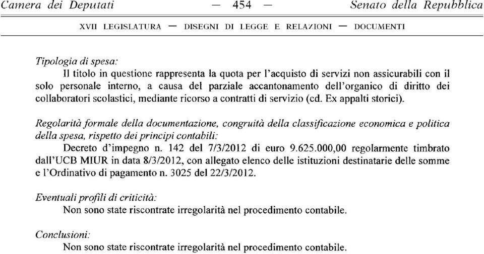 Regolarità formale della documentazione, congruità della classificazione economica e politica della spesa, rispetto dei principi contabili: Decreto d impegno n. 142 del 7/3/2012 di euro 9.625.