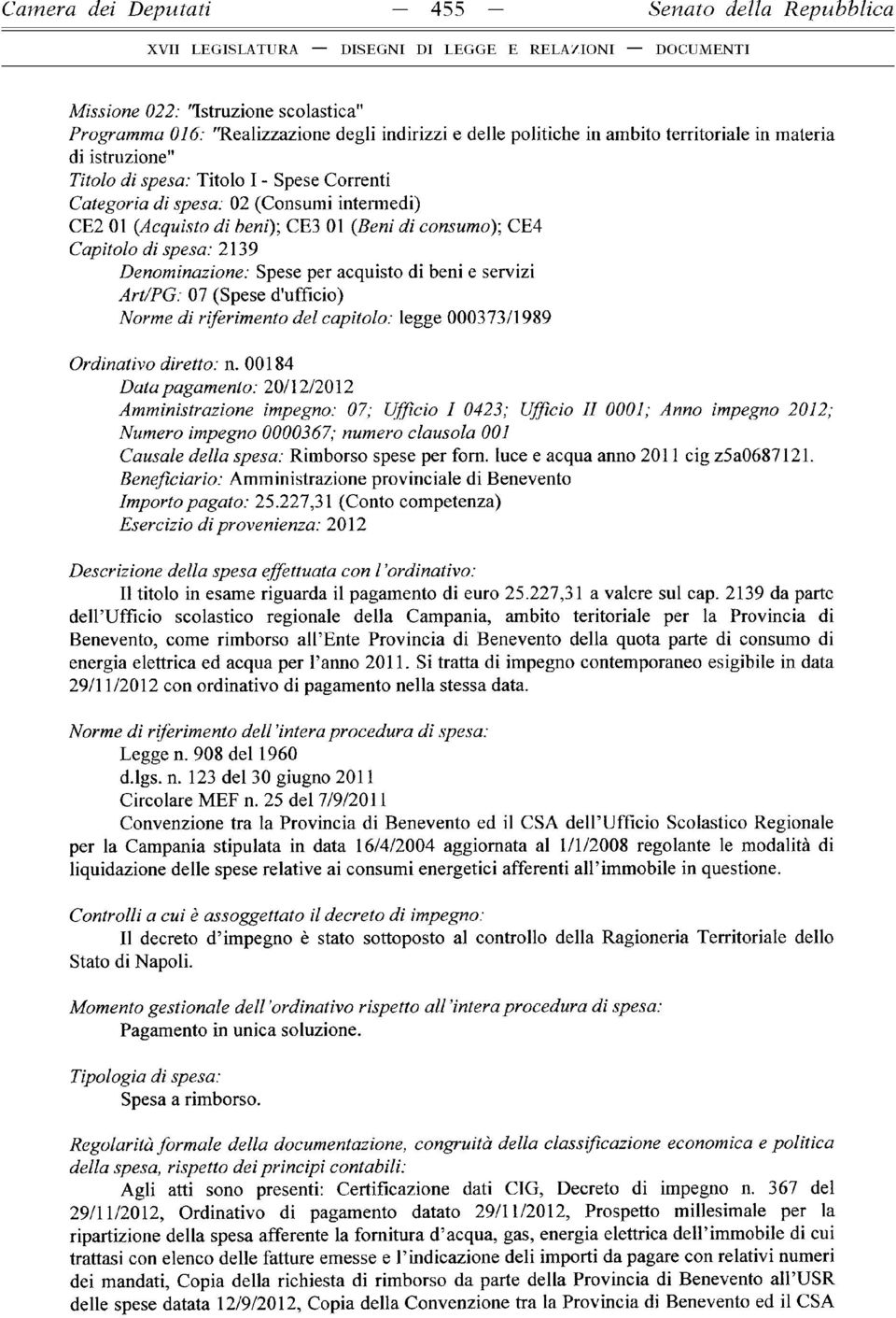 Spese per acquisto di beni e servizi Art/PG: 07 (Spese d ufficio) Norme di riferimento del capitolo: legge 000373/1989 Ordinativo diretto: n.