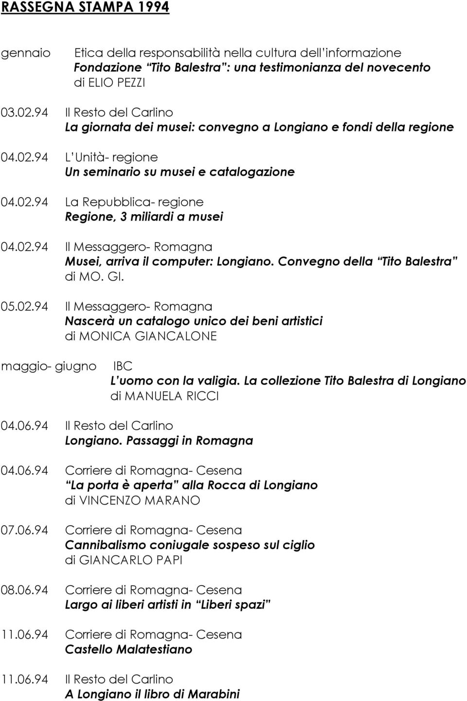 02.94 Il Messaggero- Romagna Musei, arriva il computer: Longiano. Convegno della Tito Balestra di MO. GI. 05.02.94 Il Messaggero- Romagna Nascerà un catalogo unico dei beni artistici di MONICA GIANCALONE maggio- giugno IBC L uomo con la valigia.