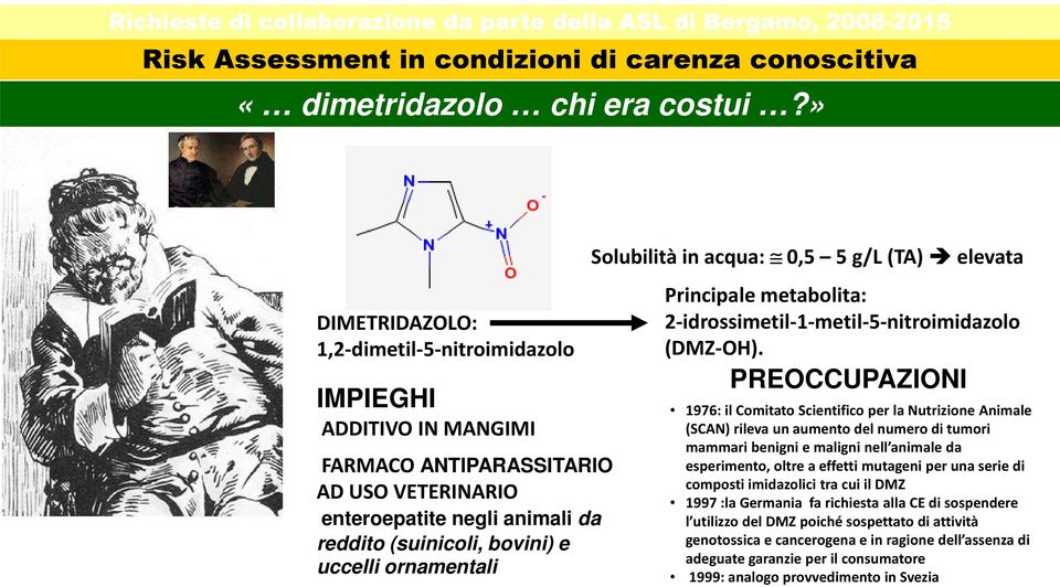 » DIMETRIDAZOLO: 1,2-dimetil-5-nitroimidazolo IMPIEGHI ADDITIVO IN MANGIMI FARMACO ANTIPARASSITARIO AD USO VETERINARIO enteroepatite negli animali da reddito (suinicoli, bovini) e uccelli ornamentali