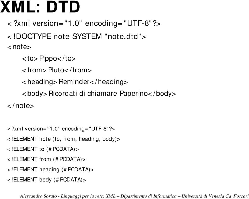 chiamare Paperino</body> </note> <?xml version="1.0" encoding="utf-8"?> <!ELEMENT note (to, from, heading, body)> <!