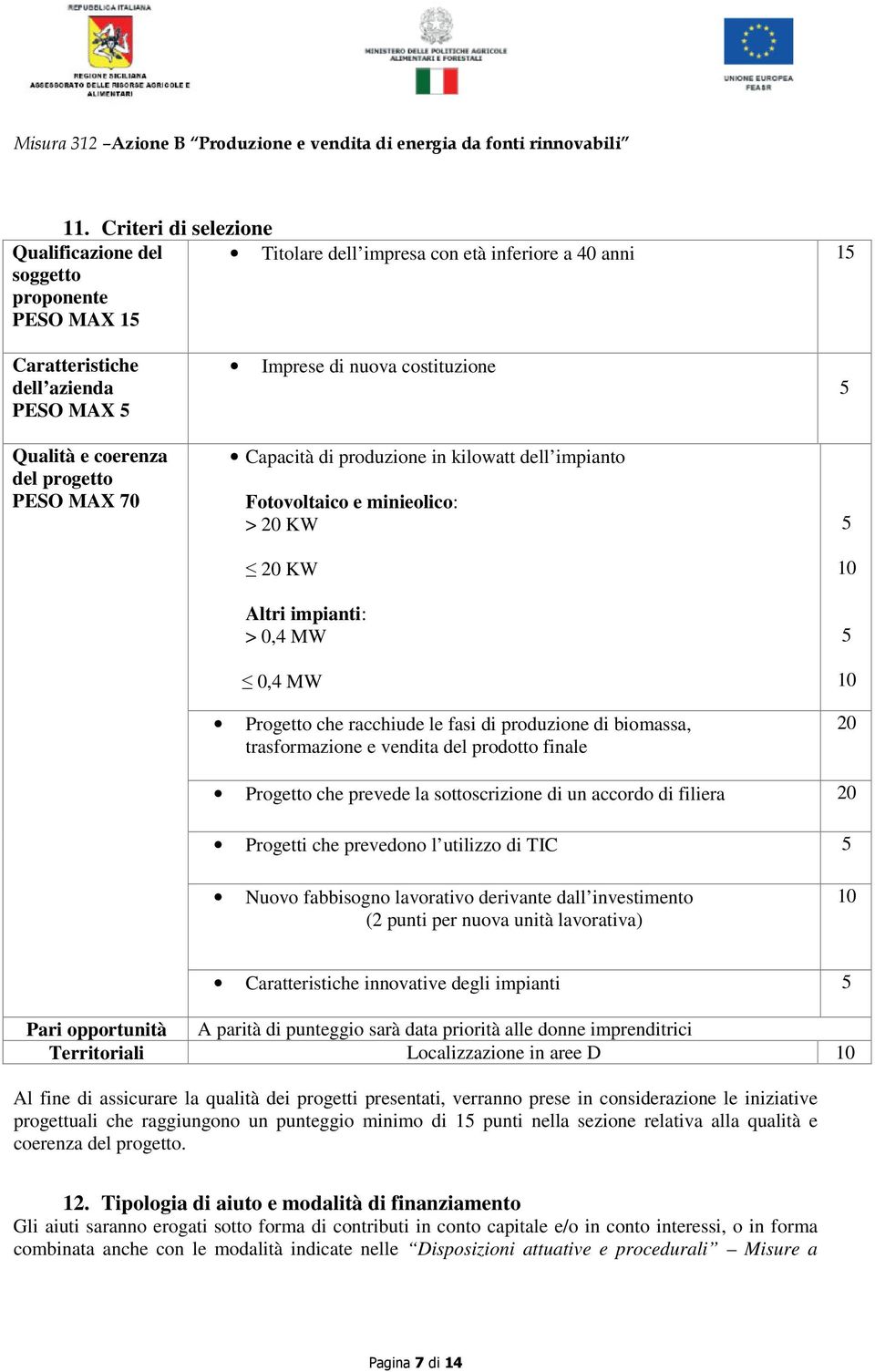 fasi di produzione di biomassa, trasformazione e vendita del prodotto finale 5 5 10 5 10 20 Progetto che prevede la sottoscrizione di un accordo di filiera 20 Progetti che prevedono l utilizzo di TIC