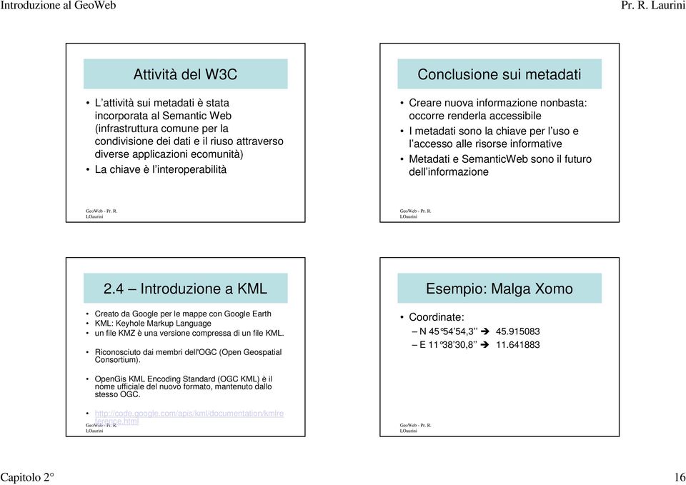 SemanticWeb sono il futuro dell informazione 2.4 Introduzione a KML Creato da Google per le mappe con Google Earth KML: Keyhole Markup Language un file KMZ è una versione compressa di un file KML.