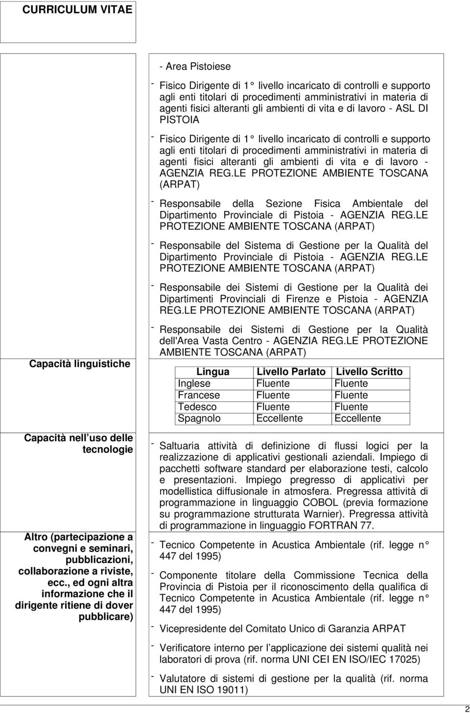 LE PROTEZIONE AMBIENTE TOSCANA (ARPAT) - Responsabile del Sistema di Gestione per la Qualità del Dipartimento Provinciale di Pistoia - AGENZIA REG.