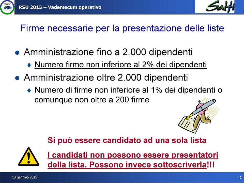 000 dipendenti Numero di firme non inferiore al 1% dei dipendenti o comunque non oltre a 200 firme Si