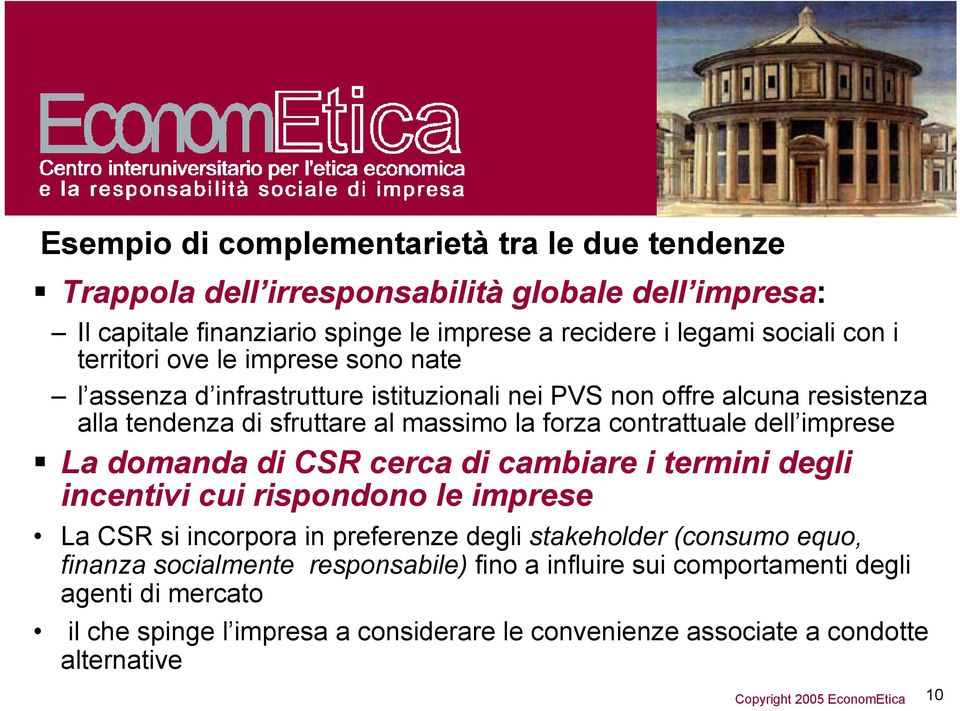 dell imprese La domanda di CSR cerca di cambiare i termini degli incentivi cui rispondono le imprese La CSR si incorpora in preferenze degli stakeholder (consumo equo,