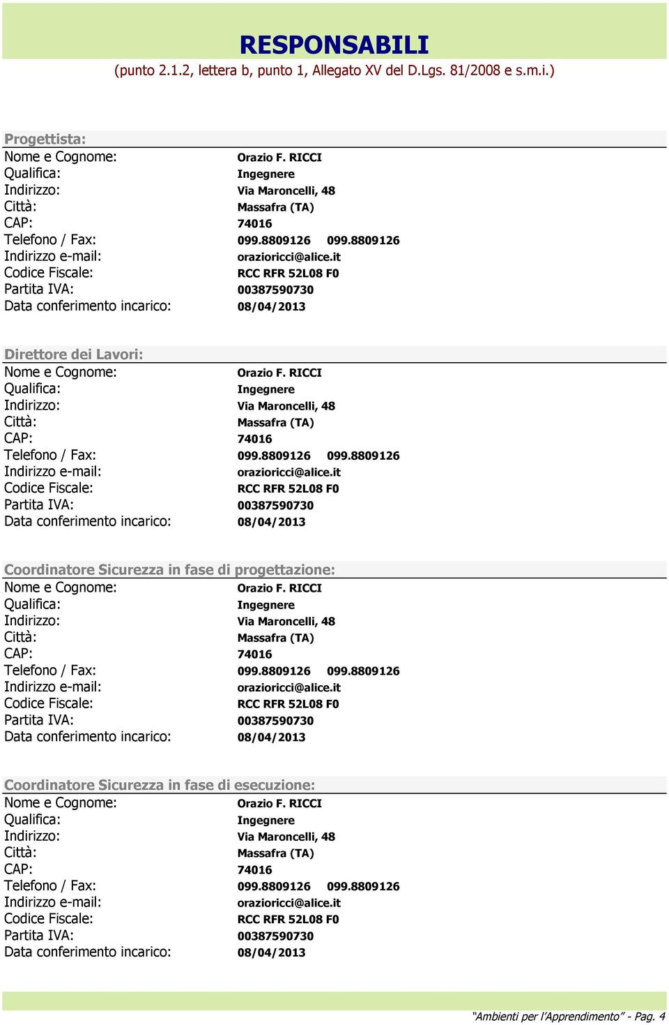 it Codice Fiscale: Partita IVA: 00387590730 Data conferimento incarico: 08/04/2013 RCC RFR 52L08 F0 Direttore dei Lavori: Nome e Cognome: Qualifica: Orazio F.