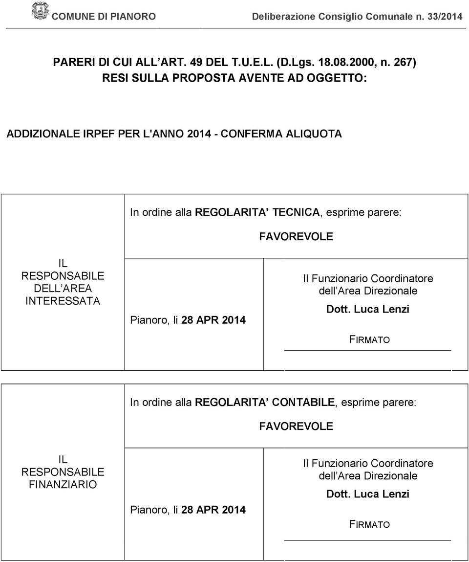 esprime parere: FAVOREVOLE IL RESPONSABILE DELL AREA INTERESSATA Pianoro, li 28 APR 2014 Il Funzionario Coordinatore dell Area