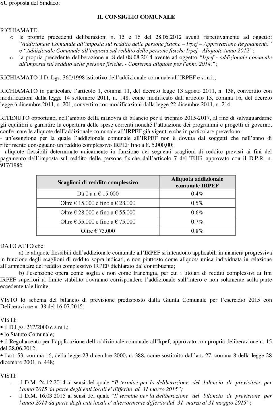 fisiche Irpef - Aliquote Anno 2012 ; o la propria precedente deliberazione n. 8 del 08.08.2014 avente ad oggetto Irpef - addizionale comunale all'imposta sul reddito delle persone fisiche.