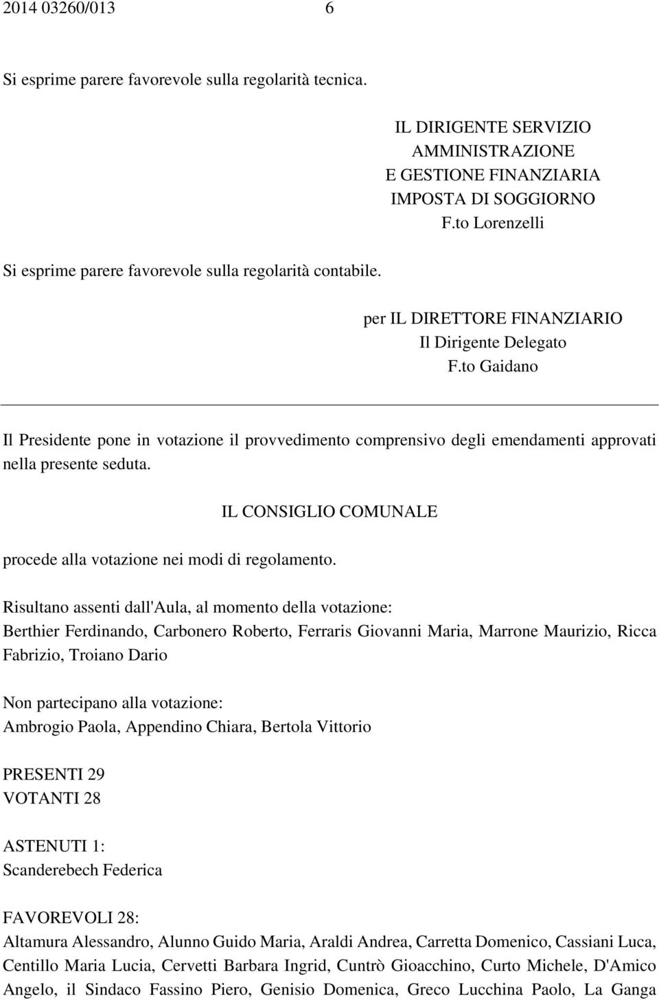 to Gaidano Il Presidente pone in votazione il provvedimento comprensivo degli emendamenti approvati nella presente seduta. IL CONSIGLIO COMUNALE procede alla votazione nei modi di regolamento.