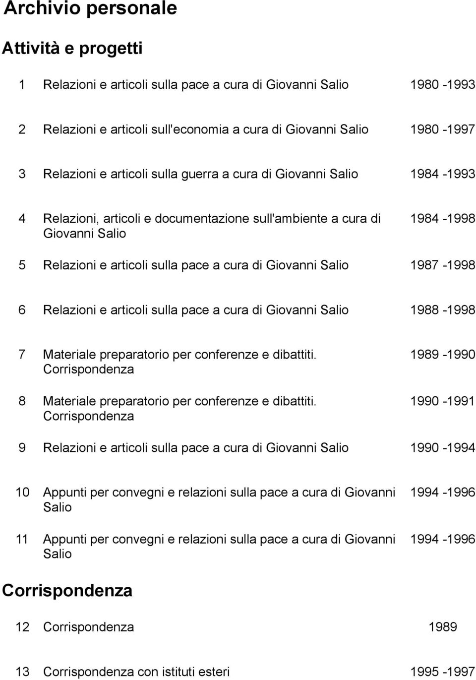 Salio 1987-1998 6 Relazioni e articoli sulla pace a cura di Giovanni Salio 1988-1998 7 Materiale preparatorio per conferenze e dibattiti.