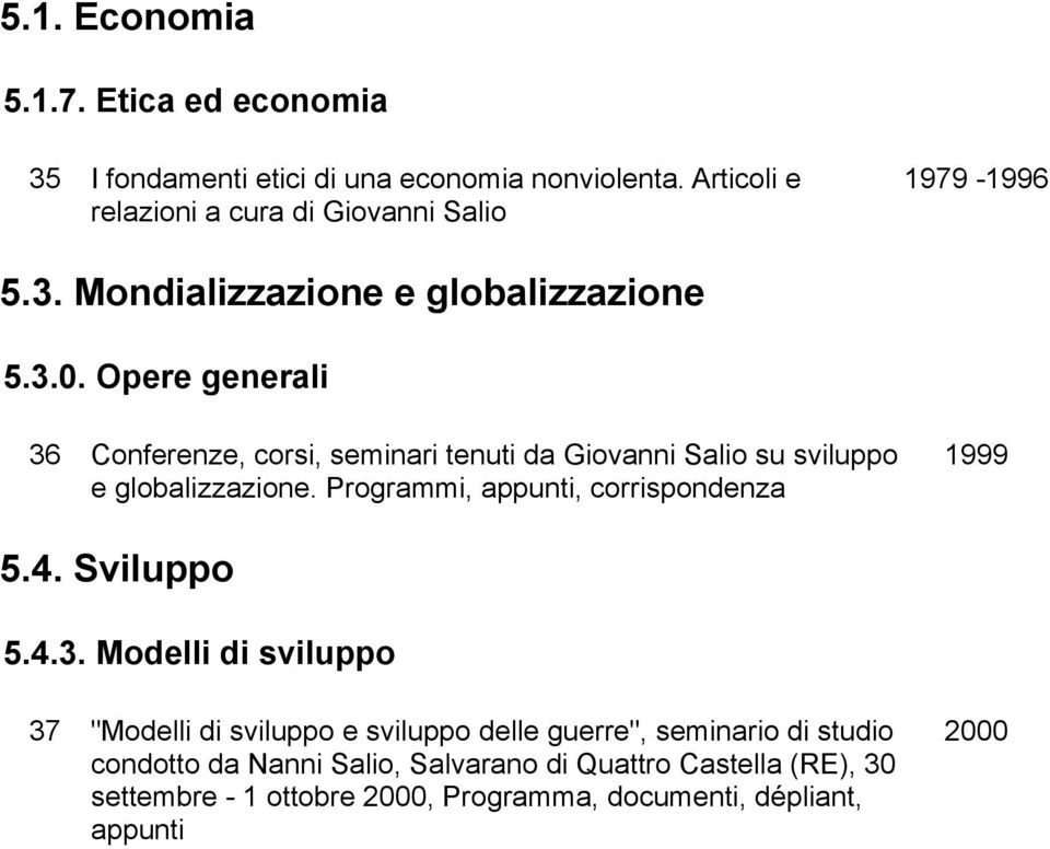 Opere generali 36 Conferenze, corsi, seminari tenuti da Giovanni Salio su sviluppo 1999 e globalizzazione. Programmi, appunti, corrispondenza 5.4.