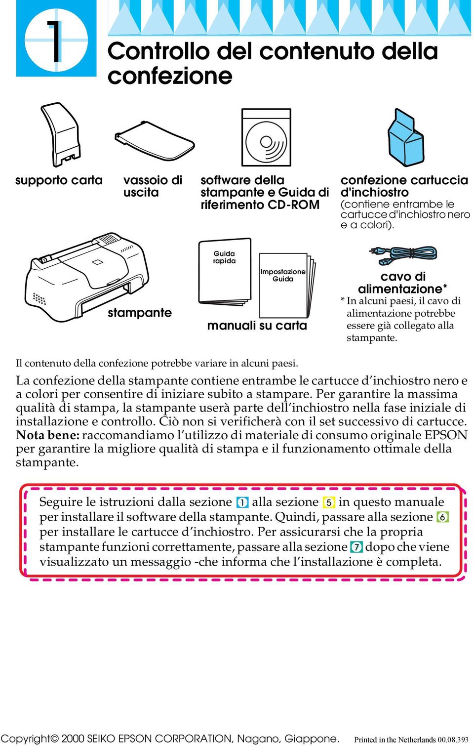 Guida rapida stampante Impostazione Guida manuali su carta cavo di alimentazione* * In alcuni paesi, il cavo di alimentazione potrebbe essere già collegato alla stampante.