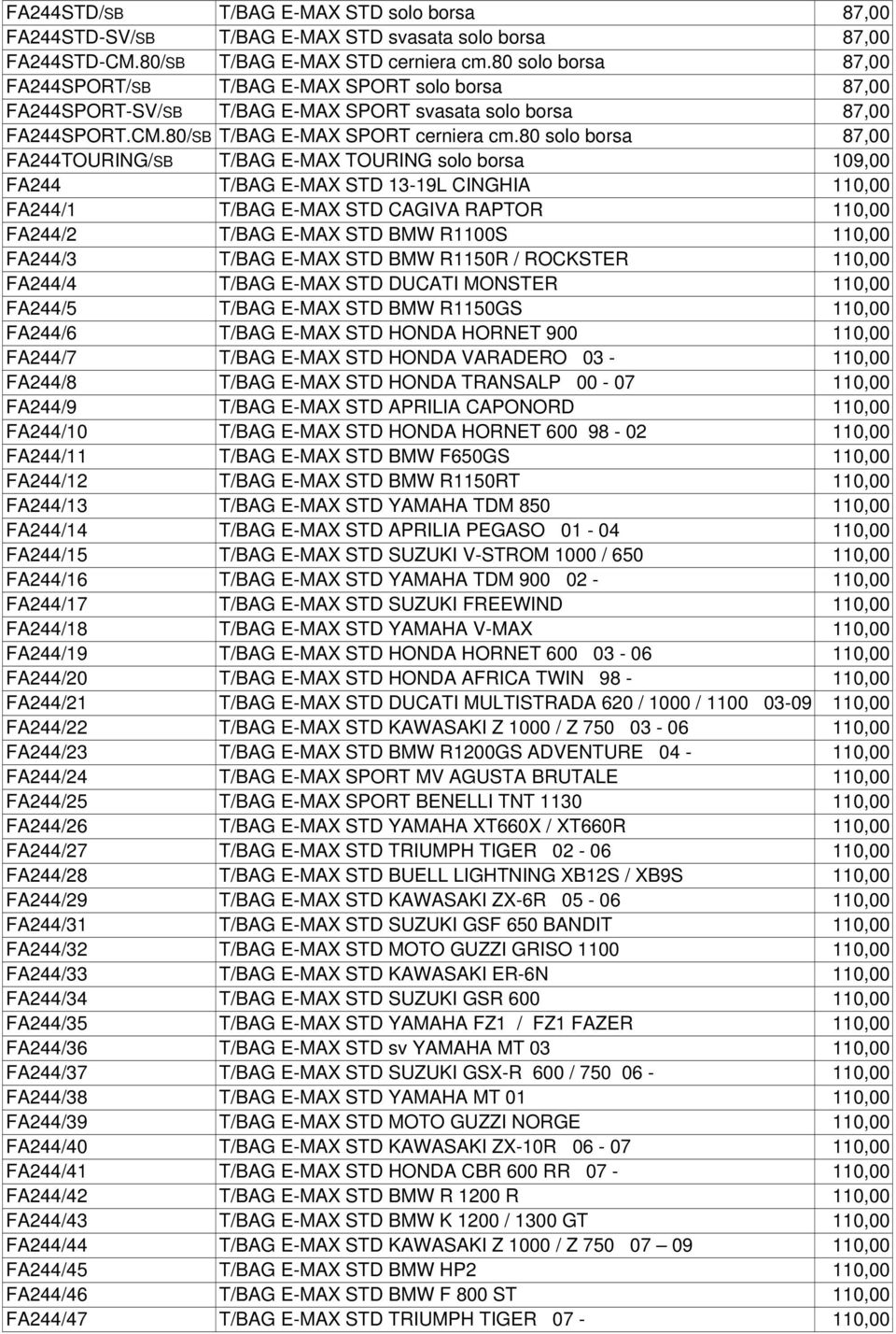 80 solo borsa 87,00 FA244TOURING/SB T/BAG E-MAX TOURING solo borsa 109,00 FA244 T/BAG E-MAX STD 13-19L CINGHIA 110,00 FA244/1 T/BAG E-MAX STD CAGIVA RAPTOR 110,00 FA244/2 T/BAG E-MAX STD BMW R1100S