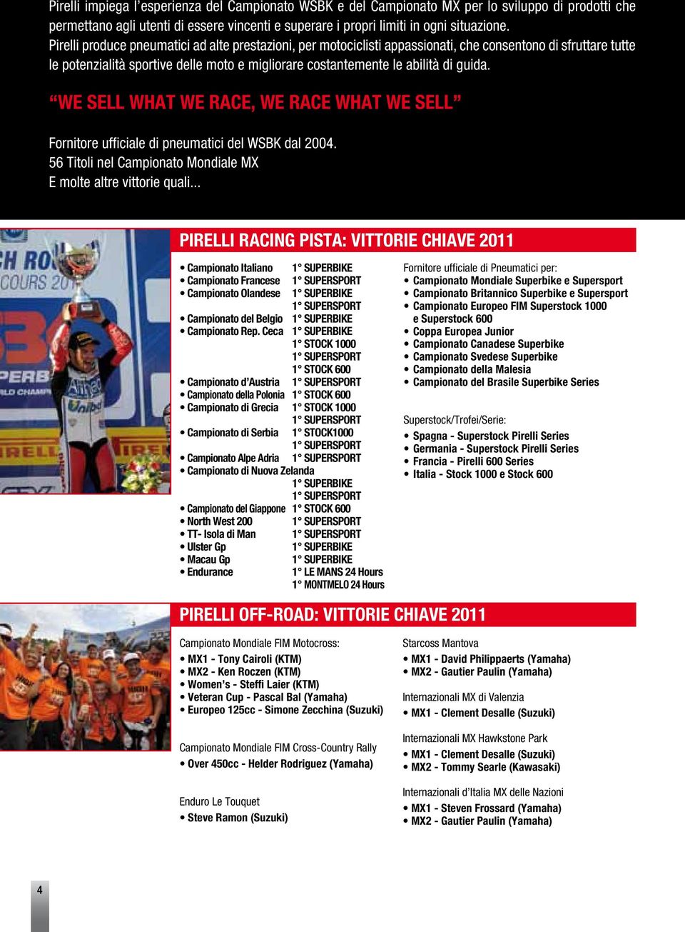 WE SELL WHAT WE RACE, WE RACE WHAT WE SELL Fornitore ufficiale di pneumatici del WSBK dal 2004. 56 Titoli nel Campionato Mondiale MX E molte altre vittorie quali.