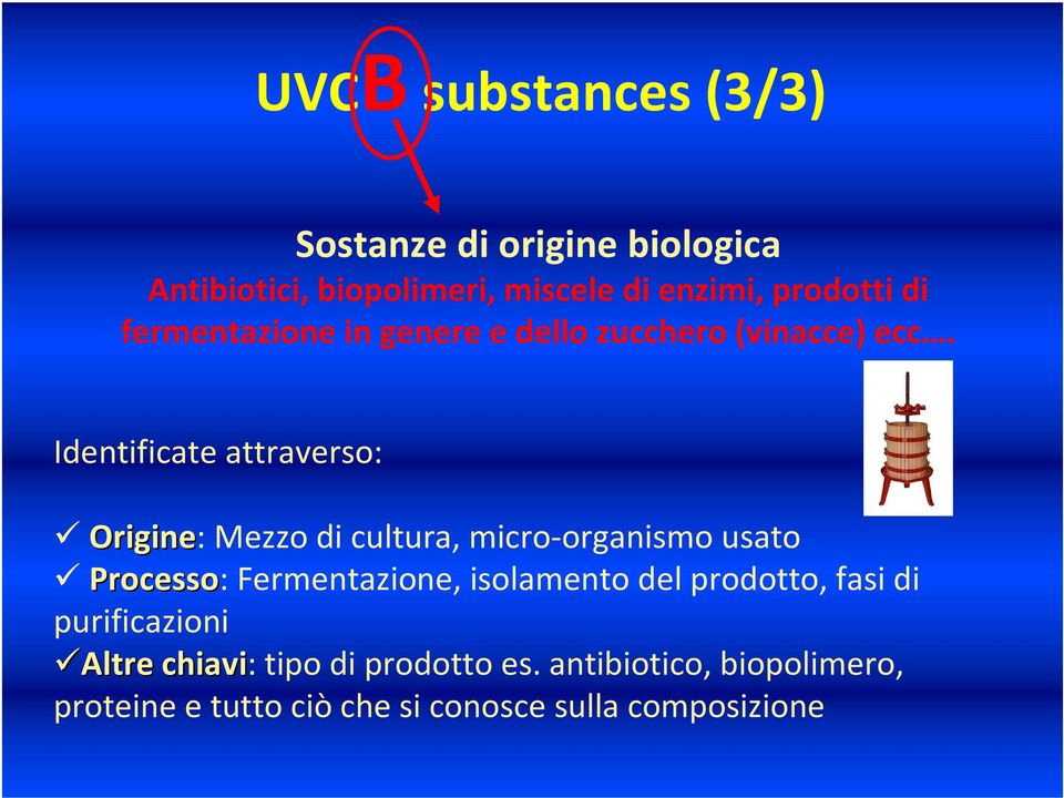 Identificate attraverso: Origine: Mezzo di cultura, micro-organismo usato Processo: Fermentazione,