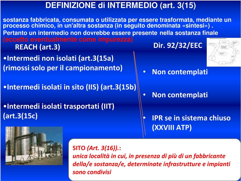 Pertanto un intermedio non dovrebbe essere presente nella sostanza finale (eccetto eventualmente come impurezza) REACH (art.3) Intermedi non isolati (art.