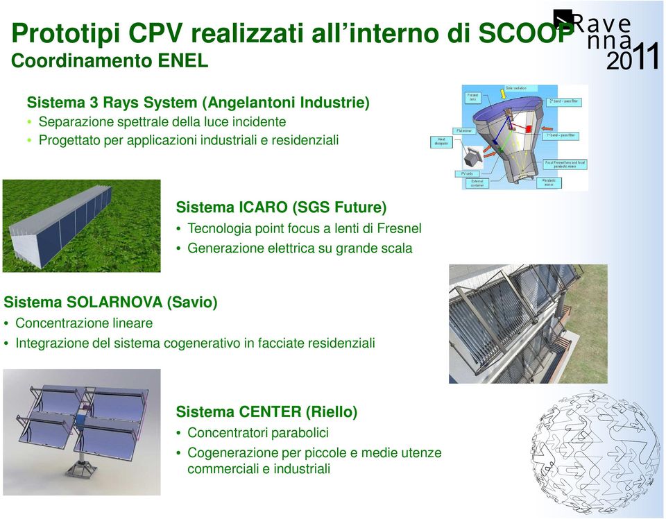 di Fresnel Generazione elettrica su grande scala Sistema SOLARNOVA (Savio) Concentrazione lineare Integrazione del sistema cogenerativo