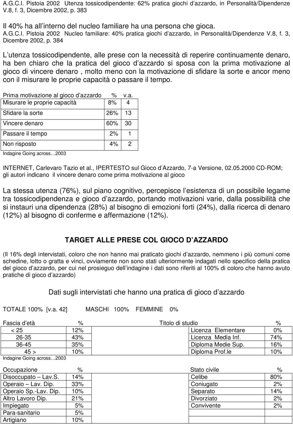 384 L utenza tossicodipendente, alle prese con la necessità di reperire continuamente denaro, ha ben chiaro che la pratica del gioco d azzardo si sposa con la prima motivazione al gioco di vincere