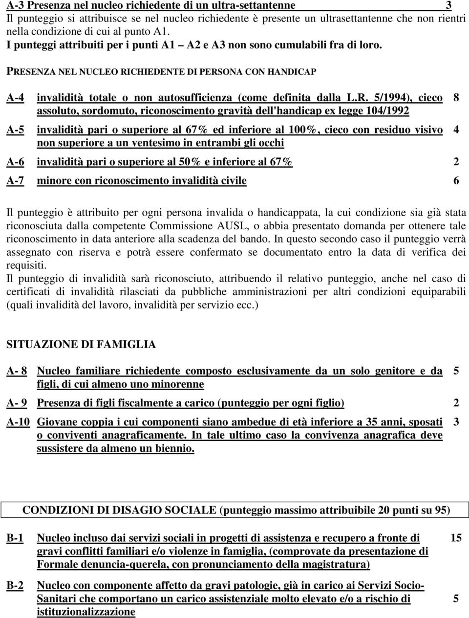 PRESENZA NEL NUCLEO RICHIEDENTE DI PERSONA CON HANDICAP A-4 invalidità totale o non autosufficienza (come definita dalla L.R. 5/1994), cieco assoluto, sordomuto, riconoscimento gravità dell'handicap