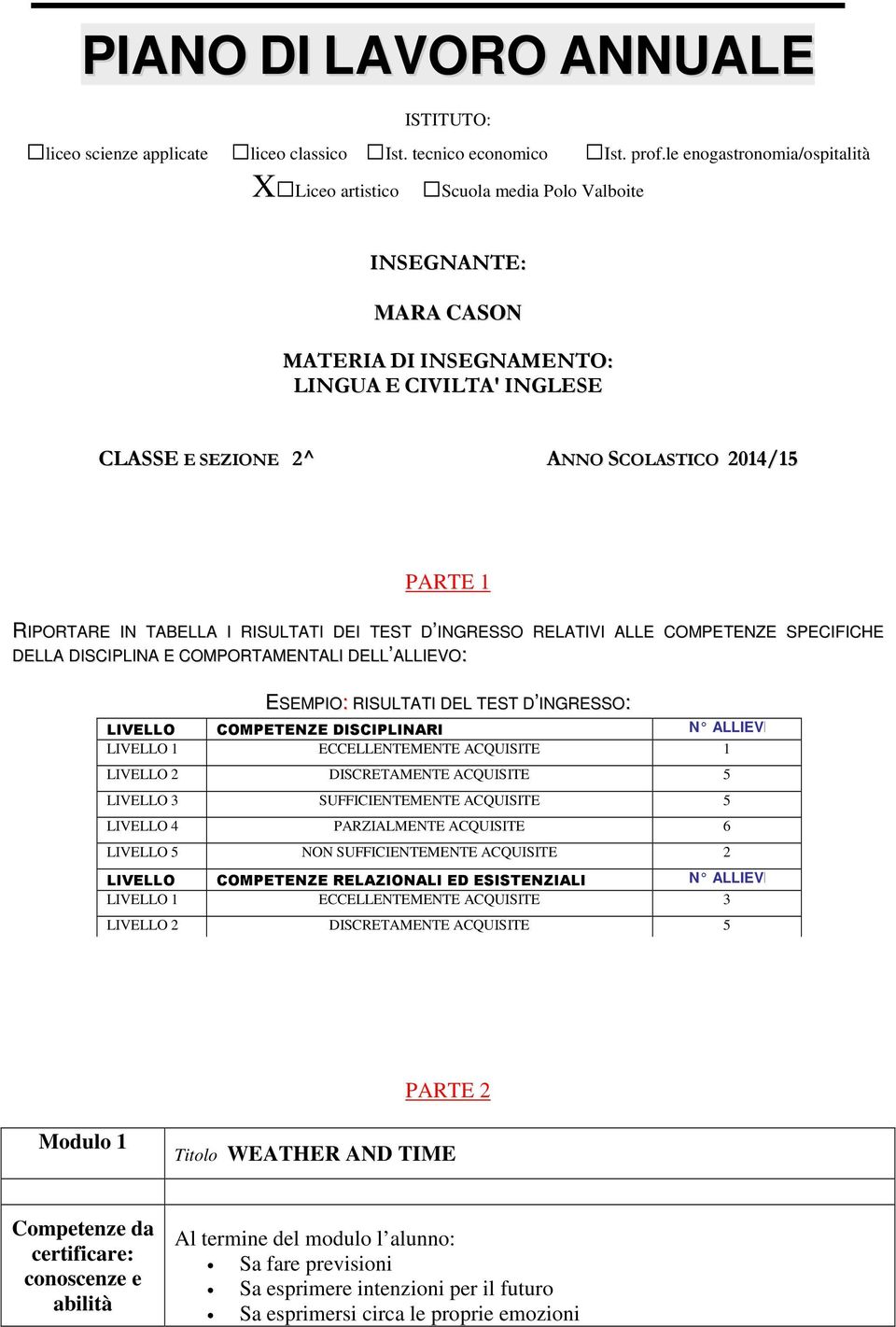 RIPORTARE IN TABELLA I RISULTATI DEI TEST D INGRESSO RELATIVI ALLE COMPETENZE SPECIFICHE DELLA DISCIPLINA E COMPORTAMENTALI DELL ALLIEVO: ESEMPIO: RISULTATI DEL TEST D INGRESSO: LIVELLO COMPETENZE