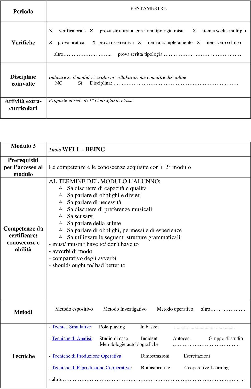 Discipline coinvolte Indicare se il modulo è svolto in collaborazione con altre discipline NO Sì Disciplina: Attività extracurricolari Proposte in sede di 1 Consiglio di classe Modulo 3 Prerequisiti