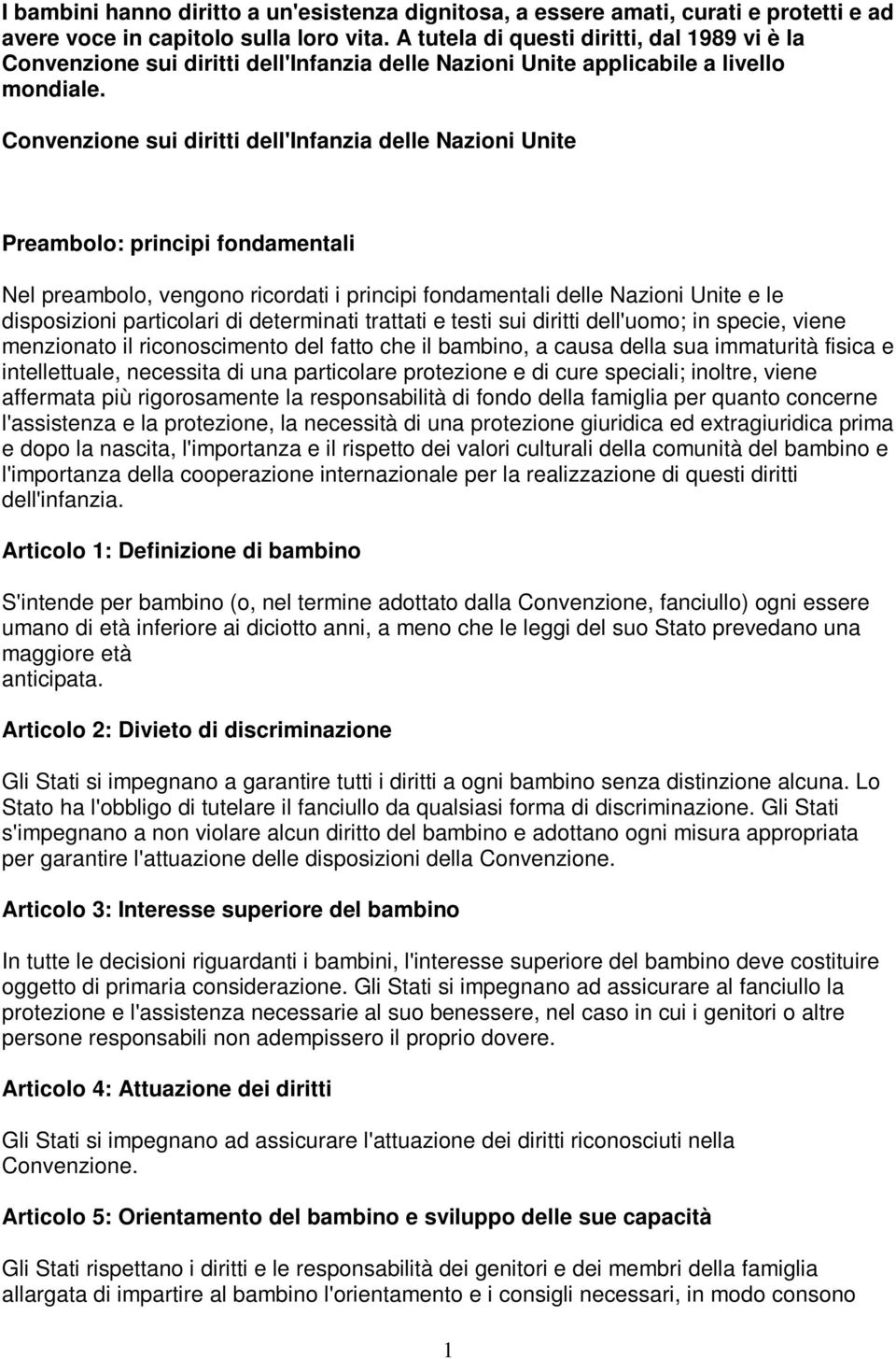 Convenzione sui diritti dell'infanzia delle Nazioni Unite Preambolo: principi fondamentali Nel preambolo, vengono ricordati i principi fondamentali delle Nazioni Unite e le disposizioni particolari