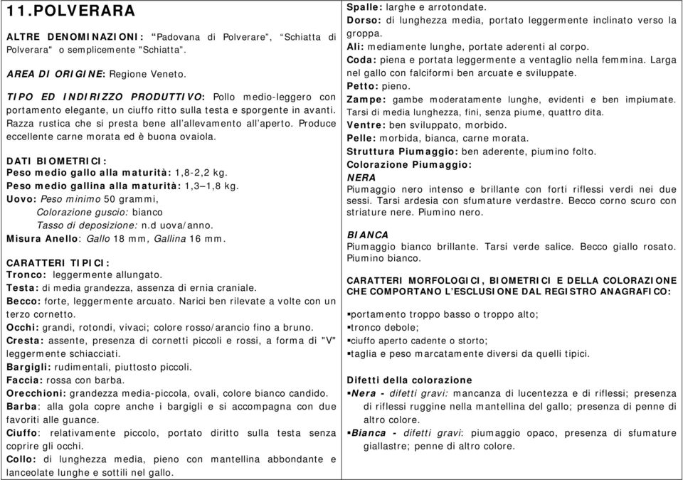 Produce eccellente carne morata ed è buona ovaiola. Peso medio gallo alla maturità: 1,8-2,2 kg. Peso medio gallina alla maturità: 1,3 1,8 kg.