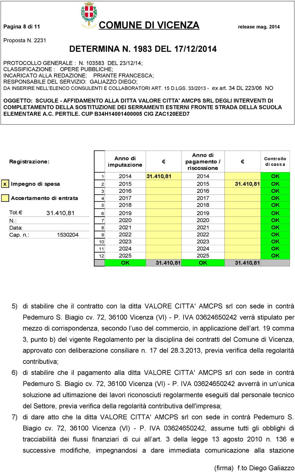 : 1530204 9 2022 2022 OK 10 2023 2023 OK 11 2024 2024 OK 12 2025 2025 OK OK 31.410,81 OK 31.410,81 5) di stabilire che il contratto con la ditta VALORE CITTA' AMCPS srl con sede in contrà Pedemuro S.