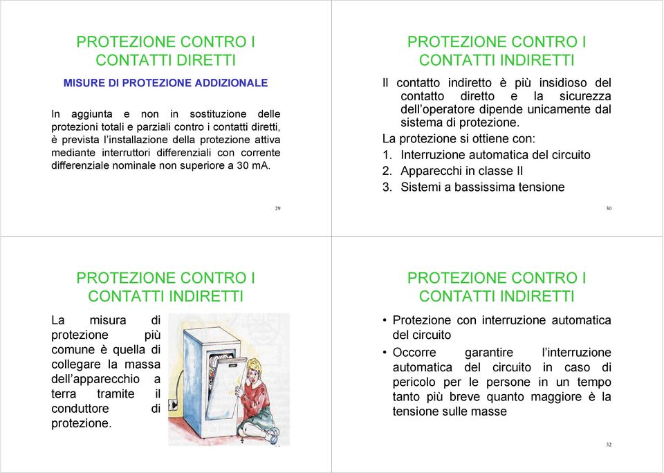 Il contatto indiretto è più insidioso del contatto diretto e la sicurezza dell operatore dipende unicamente dal sistema di protezione. La protezione si ottiene con: 1.