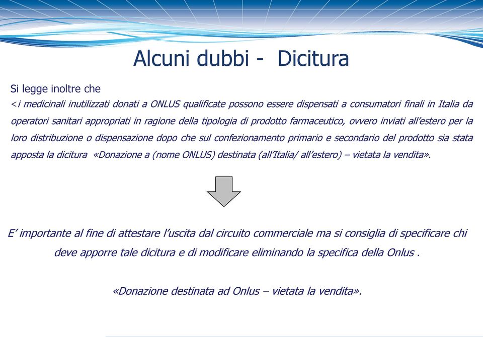 secondario del prodotto sia stata apposta la dicitura «Donazione a (nome ONLUS) destinata (all Italia/ all estero) vietata la vendita».