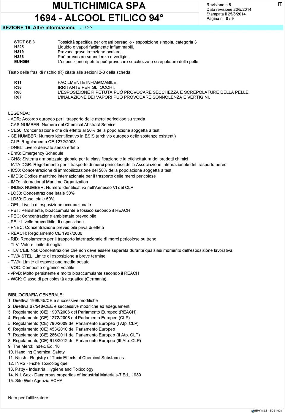 Testo delle frasi di rischio (R) citate alle sezioni 2-3 della scheda: R11 R36 R66 R67 FACILMENTE INFIAMMABILE. IRRANTE PER GLI OCCHI.