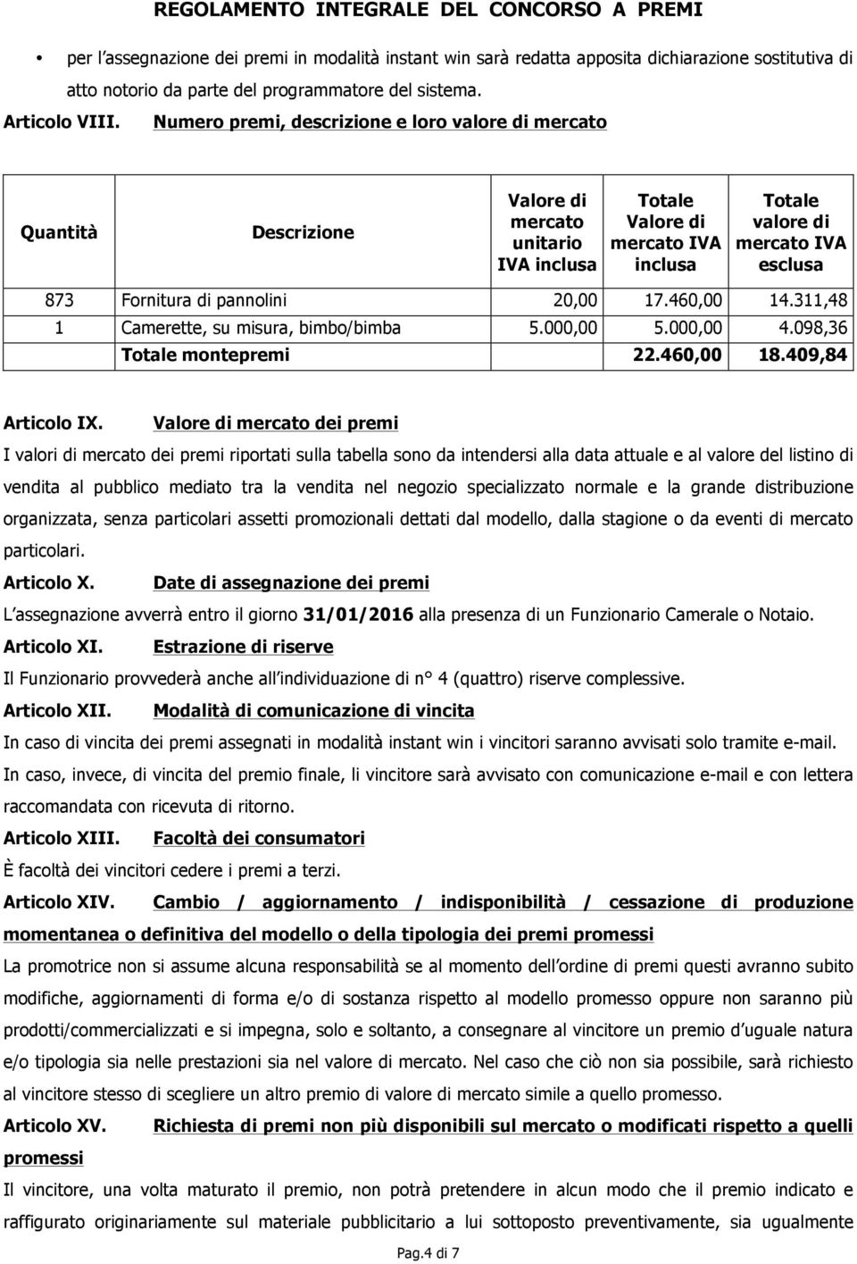 di pannolini 20,00 17.460,00 14.311,48 1 Camerette, su misura, bimbo/bimba 5.000,00 5.000,00 4.098,36 Totale montepremi 22.460,00 18.409,84 Articolo IX.