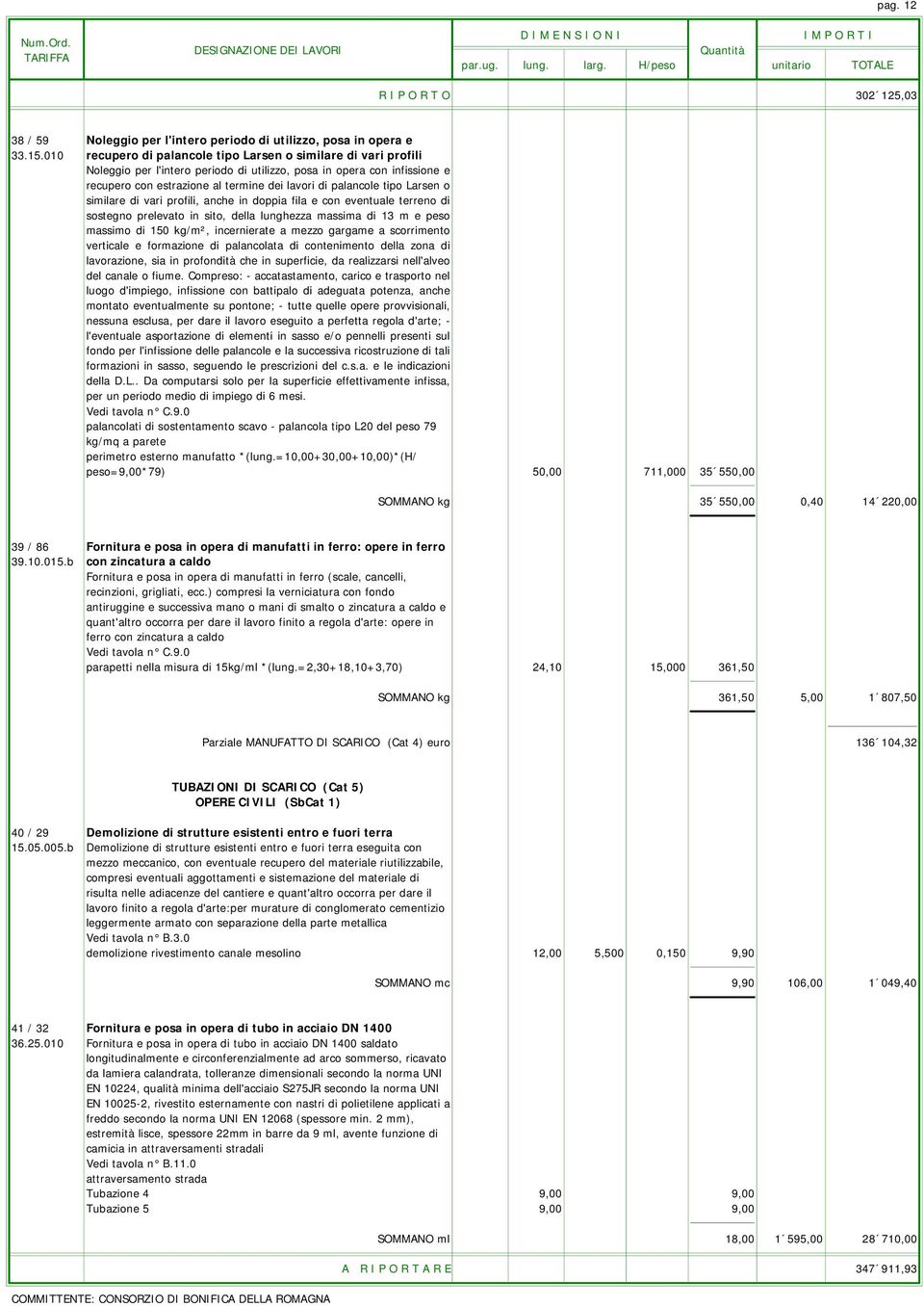 tipo Larsen o similare di vari profili, anche in doppia fila e con eventuale terreno di sostegno prelevato in sito, della lunghezza massima di 13 m e peso massimo di 150 kg/m², incernierate a mezzo