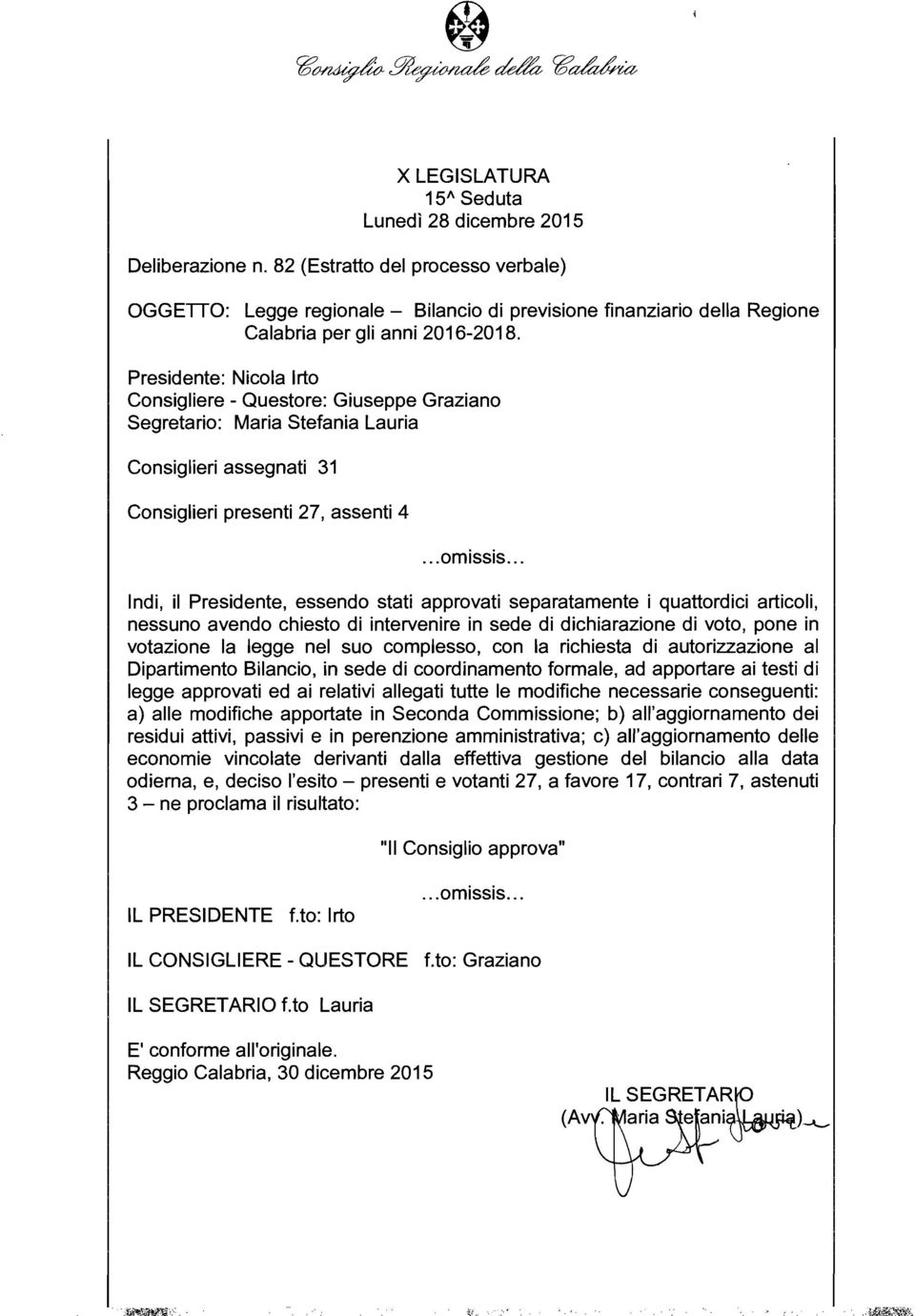 Presidente: Nicola Irto Consigliere - Questore: Giuseppe Graziano Segretario: Maria Stefania Lauria Consiglieri assegnati 31 Consiglieri presenti 27, assenti 4... omissis.