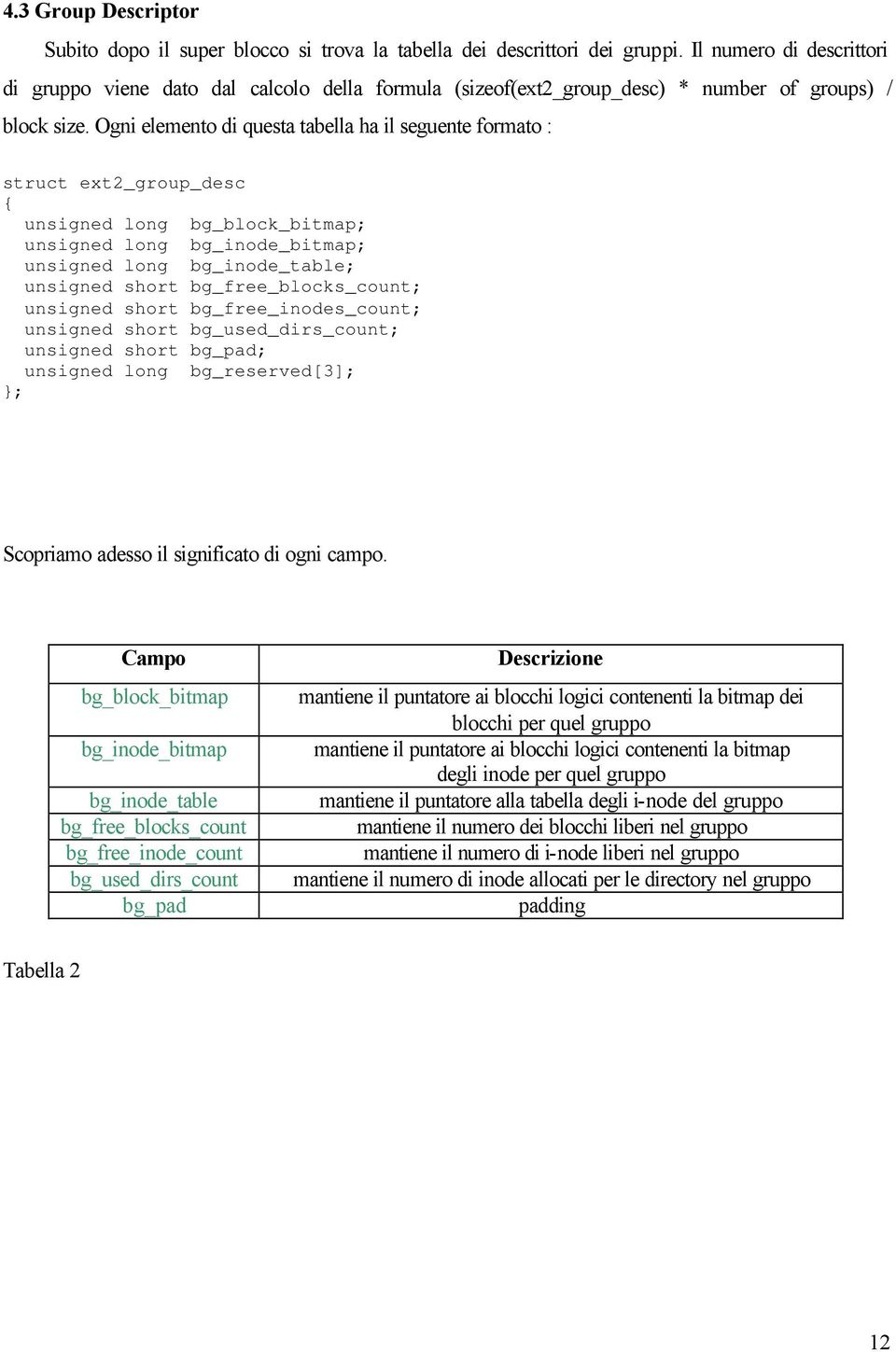 Ogni elemento di questa tabella ha il seguente formato : struct ext2_group_desc { unsigned long bg_block_bitmap; unsigned long bg_inode_bitmap; unsigned long bg_inode_table; unsigned short