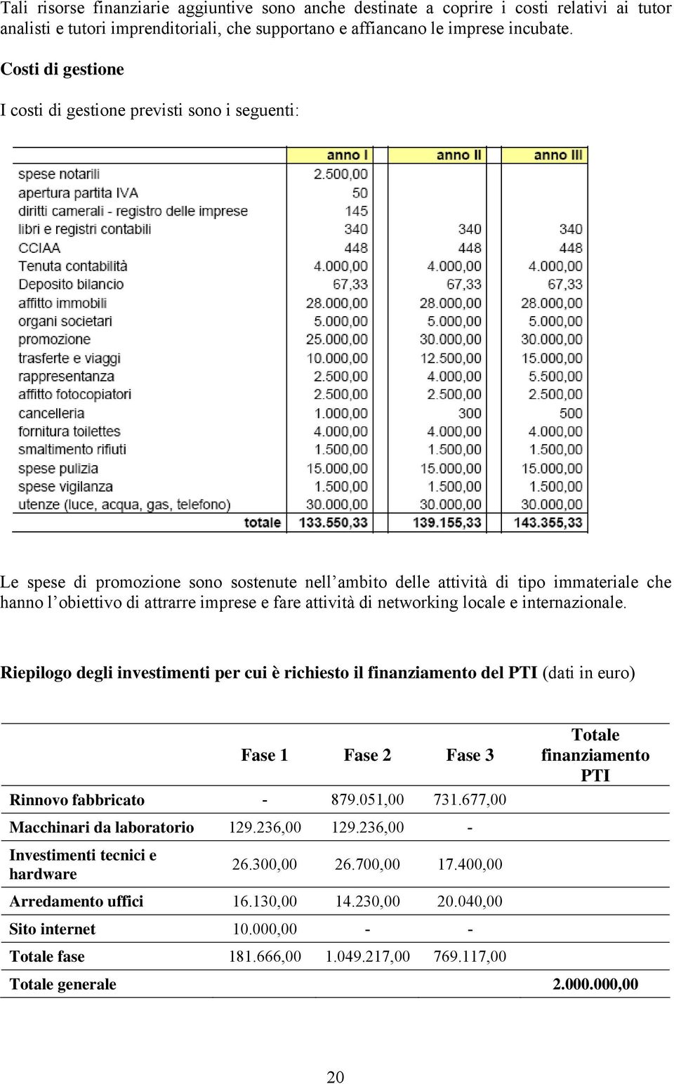 attività di networking locale e internazionale. Riepilogo degli investimenti per cui è richiesto il finanziamento del PTI (dati in euro) Fase 1 Fase 2 Fase 3 Rinnovo fabbricato - 879.051,00 731.