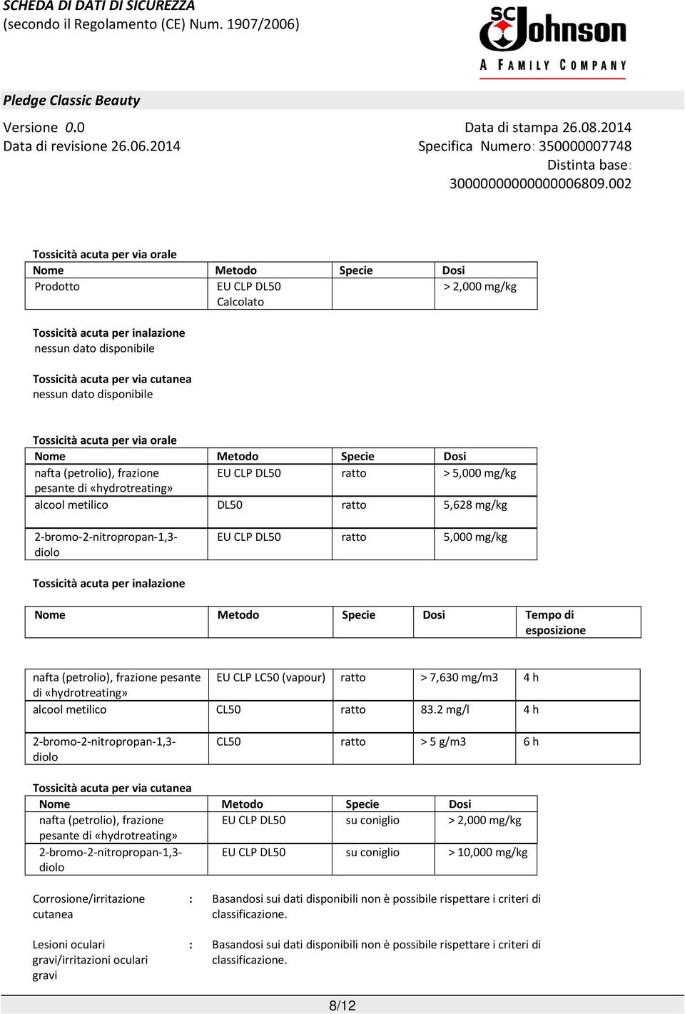 Tossicità acuta per inalazione Nome Metodo Specie Dosi Tempo di esposizione nafta (petrolio), frazione pesante EU CLP LC50 (vapour) ratto > 7,630 mg/m3 4 h di «hydrotreating» alcool metilico CL50