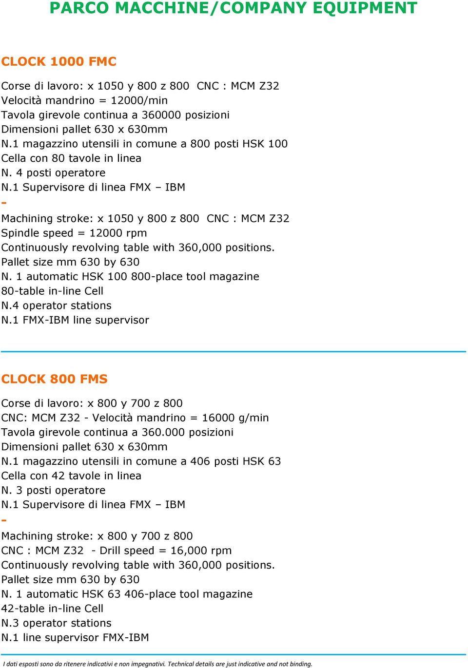 1 Supervisore di linea FMX IBM Machining stroke: x 1050 y 800 z 800 CNC : MCM Z32 Spindle speed = 12000 rpm. N. 1 automatic HSK 100 800place tool magazine 80table inline Cell N.4 operator stations N.